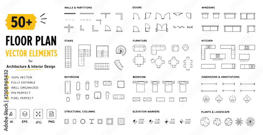 Obraz premium Architectural floor plan vector elements, 50+ interior design icons for blueprints, professional house planning symbols for construction and layout