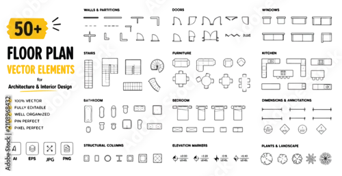 Obraz Architectural floor plan vector elements, 50+ interior design icons for blueprints, professional house planning symbols for construction and layout
