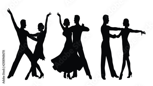 Schilderij op canvas Couples dance in synchronized movements while performing classic ballroom steps on a white background