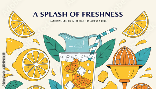 Foto National lemon juice day illustration with fresh lemons and lemonade