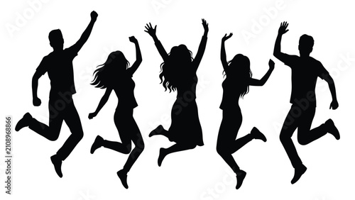 Young adults leap together against a clear background to represent freedom and collective enthusiasm.