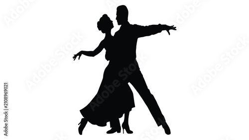 Bild auf Leinwand Partners perform a dramatic ballroom dance routine captured as a singular refined silhouette against a clean white backdrop