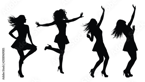 Quadro em tela Dancers appear as a collection of four distinct female silhouettes performing energetic movements on a stark white background