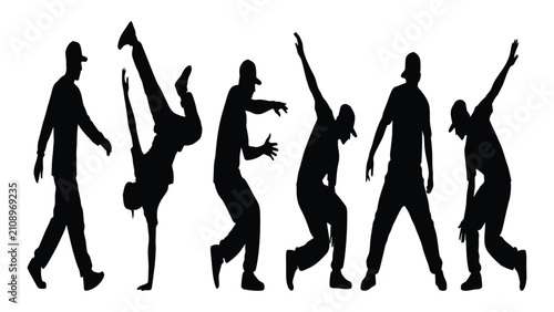 Konstfotografi Dancers performing breakdance moves are displayed as a collection of black silhouettes on a white background