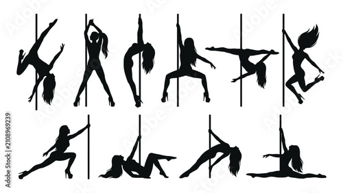Pole dancing silhouettes demonstrate intense physical coordination and strength in various poses.