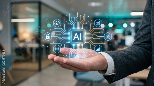 A professional's open palm levitating a brilliant glowing holographic AI core interface.