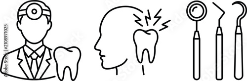 Εκτύπωση καμβά Dental care line icon set with dentist practitioner toothache pain patient head