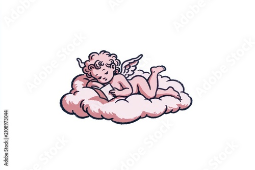 Vintage illustration of a cute cherub angel with curly hair reading a book while lying on a fluffy pink cloud isolated on white background