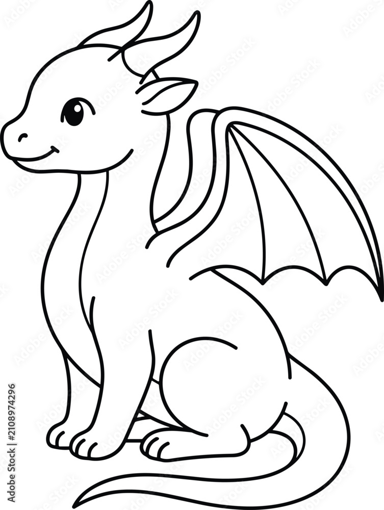 Fototapeta premium Cute Baby Dragon Coloring Page for Kids Vector Outline Illustration of a Friendly Mythical Creature Sitting for Children Activity Books and Creative DIY Crafts