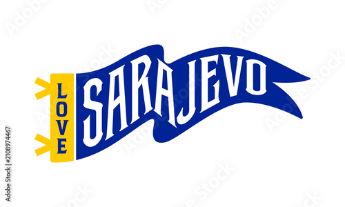 Photos A blue and yellow pennant graphic displaying the text LOVE vertically on a yellow tab and SARAJEVO horizontally on the blue flag body