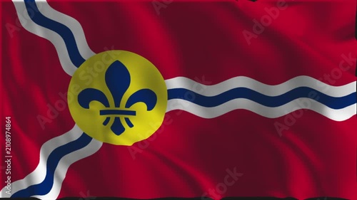 Flag of St. Louis waving slowly in the foreground