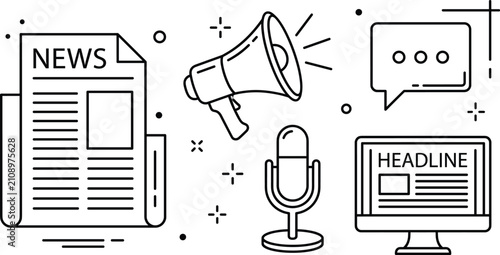 Bild auf Leinwand Mass media public relations line icon set with newspaper megaphone microphone br