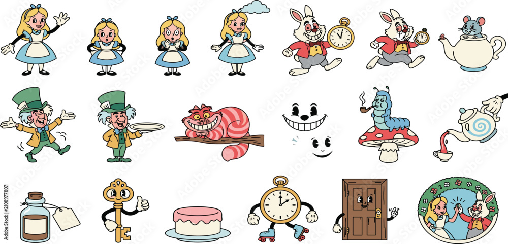 Obraz premium Vintage Cartoon Alice in Wonderland Vector Character Set with Mad Hatter, White Rabbit, Cheshire Cat, and Magical Elements for Retro Designs