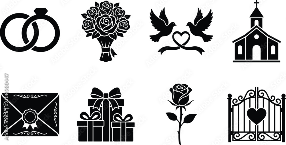 Fototapeta premium Wedding Silhouette Icon Set with Wedding Rings, Rose Bouquet, Love Doves, Church, Invitation, Gift Boxes and Romantic Gate Vector Collection