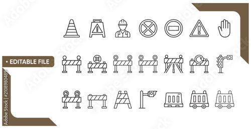 Foto Set of road construction and traffic safety icons featuring barriers, cones, and warning signs