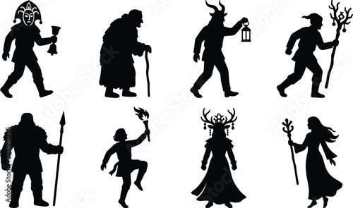 Photos Medieval folklore fantasy characters silhouettes set including jester witch warr