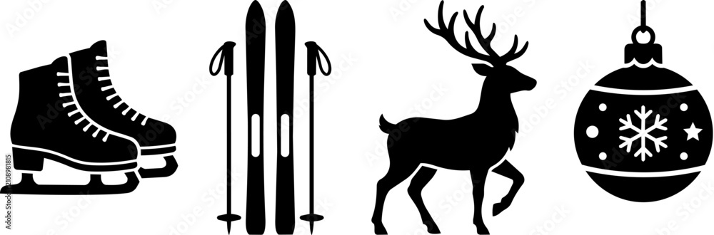 Fototapeta premium Winter Sports and Holiday Icons Featuring Skates Skis Deer and Ornament