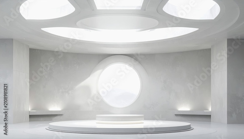 Minimalist futuristic interior with circular window and display podium