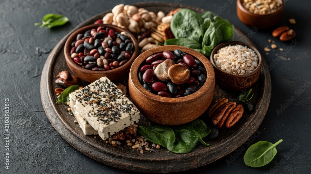 Fototapeta premium A colorful plate featuring magnesium-rich foods like beans, tofu, and whole grains, promoting a healthy, balanced diet and plant-based nutrition.