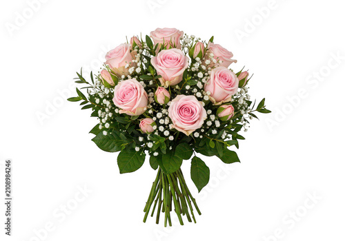 Pink rose bouquet with baby s breath and green foliage on transparent background