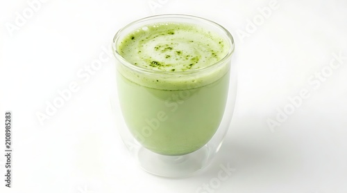 Refreshing Matcha Latte in a Double Walled Glass on a White Background