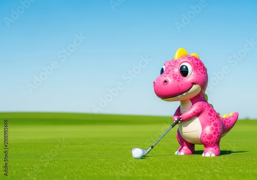 A cute pink dinosaur character swings a golf club on a lush green field with ample copy space for creative designs and festive messages, whimsical, nature, playing