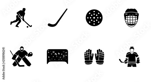 Photography Ice Hockey Icons Set, Sport Equipment Vector Graphics, Player and Goalie Silhoue