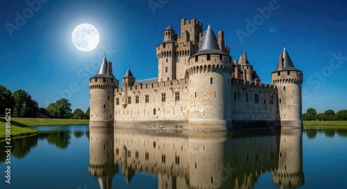 A majestic medieval stone castle stands under a bright full moon and starry sky, its ancient towers reflected in the calm waters of a moat, bastion, evening, fairytale