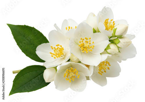 Jasmine flowers with green leaves on transparent background blossom floral