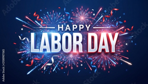 Happy Labor Day celebratory banner, patriotic fireworks and confetti on dark blue background, festive holiday greeting with bold typography 4K