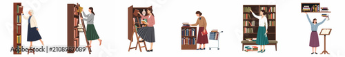 Set of flat vector illustrations of women organizing books on shelves, using ladders and stools in a library or study setting.