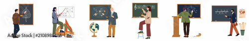 Collection of diverse teachers and professors instructing different academic subjects like science, math, music, and history in a classroom environment using blackboards.