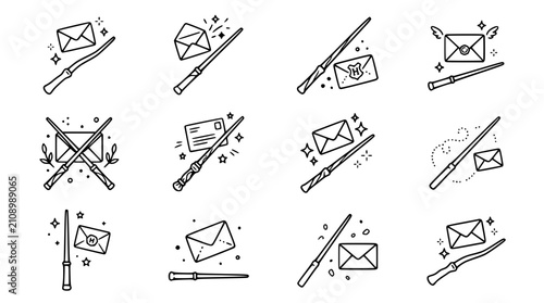 Obraz na płótnie Magic Wands and Envelopes Icon Set - Fantasy, Wizardry, Spell, Letter Communicat