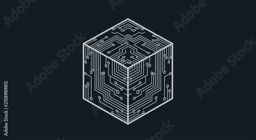 Isometric circuit board cube icon on black background.