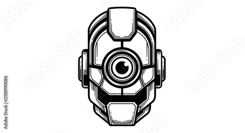Futuristic robot head with camera eye lens.