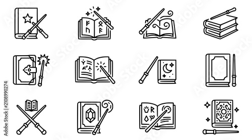 Foto Magic book icons, wizard wand, spell, fantasy, enchantment, witchcraft, occult s