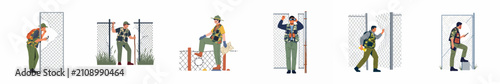 Konstfotografi Set of diverse men in camouflage clothing navigating through and monitoring wire fences for border crossing, smuggling, and tactical outdoor activities