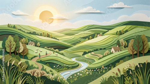 Beautiful countryside illustration featuring layered farmland, rolling green hills, winding river, and warm sunrise. Perfect for agriculture, rural tourism, sustainability, farming, and nature-themed 
