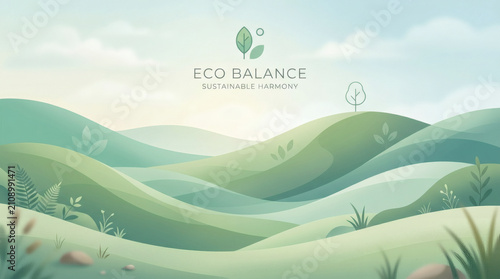Minimal eco-friendly landscape illustration featuring rolling green hills, clean environment, and sustainable nature concept. Ideal for renewable energy, environmental awareness, corporate sustainabil