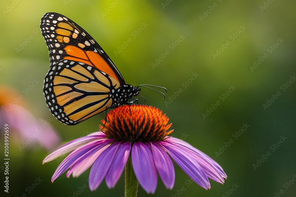 Fototapeta premium Side profile of a monarch butterfly perched on a vibrant purple coneflower, macro nature and wildlife photography