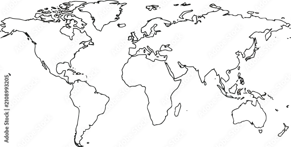 Fototapeta premium Minimal Outline World Map Vector Continuous Line Modern Cartography