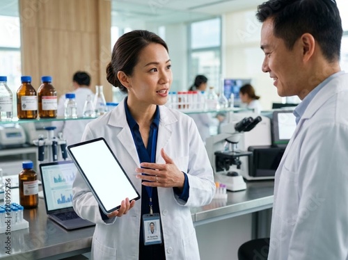 Scientists discuss research inside modern laboratory