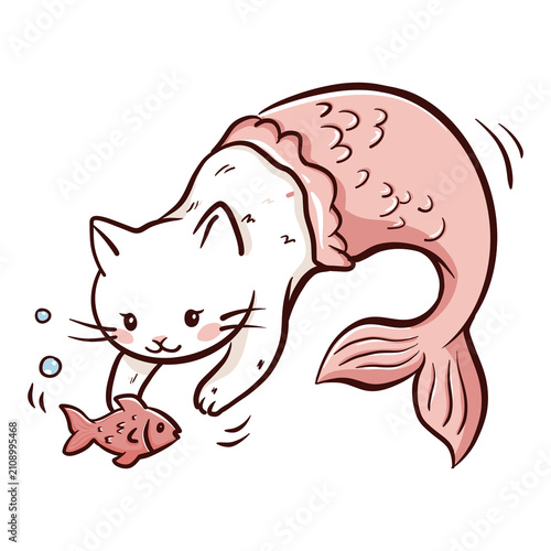 Cute Cat Mermaid with Fish in Underwater Scene Illustration