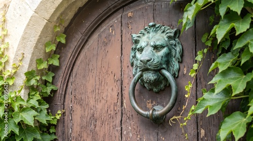 Antique verdigris lion head door knocker on old weathered wooden door with green ivy