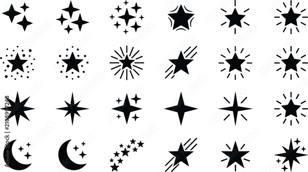 Fototapeta premium Sparkling black stars and crescent moon collection containing various celestial shapes symbols bursts glimmers and night sky elements