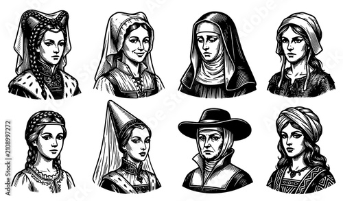 Foto Set of eight medieval women portraits with historical headdresses hand drawn bla