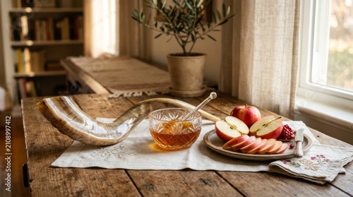 Rosh Hashanah holiday still life with traditional symbols shofar, honey bowl, and sliced red apples on rustic wooden table
