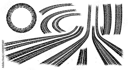 Tire tread marks after skidding, launch, drift, powerslide in motorsport, rally, off-road, motocross. Wheel texture with splash effect. Vector, JPEG version.