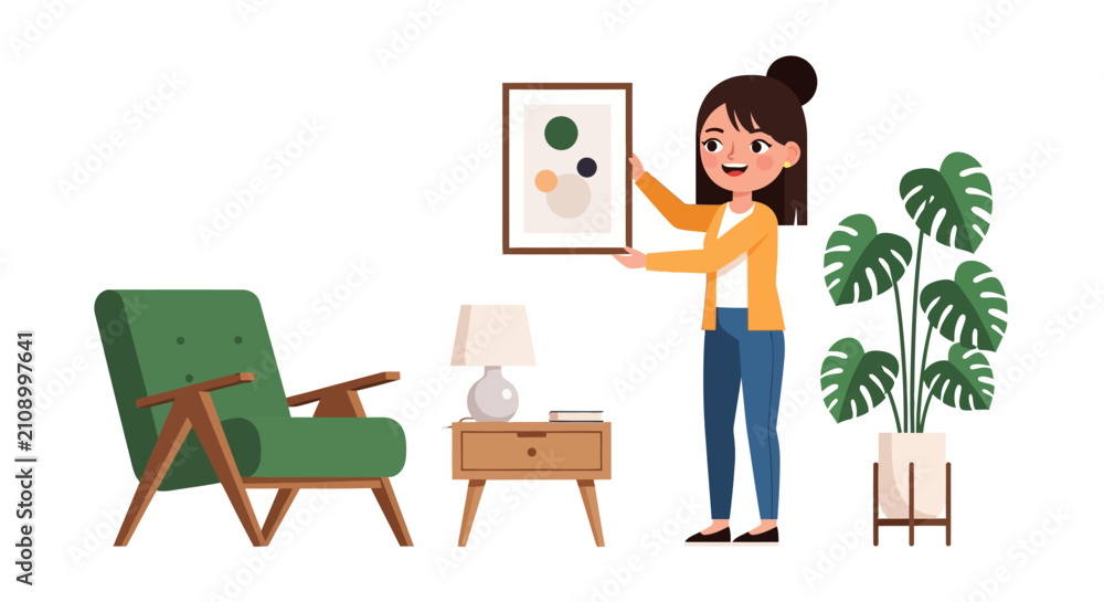 Fototapeta premium A smiling woman decorates her living room, holding a framed abstract art piece near a green armchair, wooden table, lamp, and large potted plant.