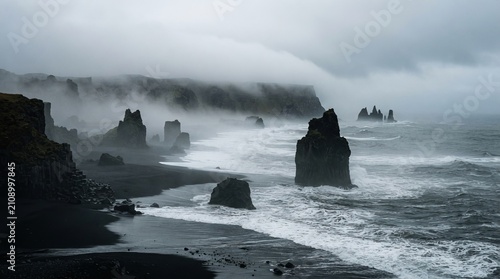 Moody dramatic landscape of black sand beach with sea stacks and rolling fog over ocean waves during a stormy day